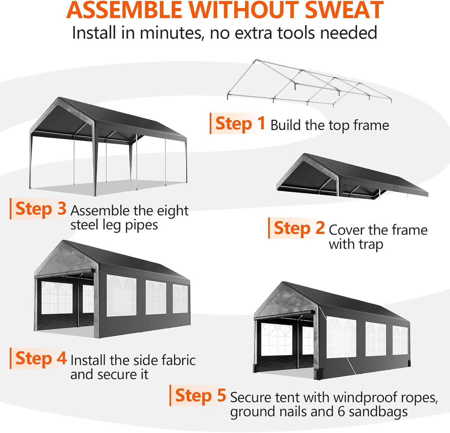 10 * 20 Heavy Duty Carport Canopy, Portable Car Tent Garage with 6 Roll-up Windows and All-Season Tarp Cover, Metal Roof & 4 Sandbags for Car, SUV, Truck & Boat, Grey
