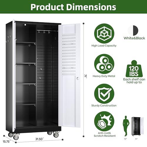 73" H Metal Storage Cabinet with Wheels, Garage Storage Cabinet with 4 Adjustable Shelves and Lockable Doors for Garage Home Office Utility Room,Required Assembly,Black