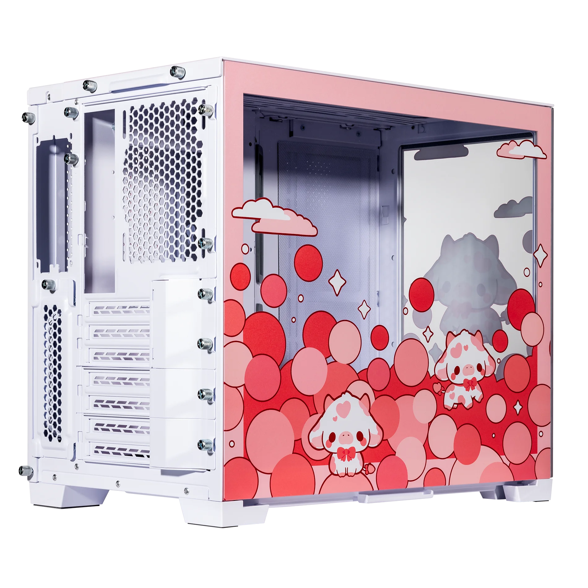 Velztorm Bubble Cow Custom Art Aluminum Tempered Glass O11 Dynamic Mini Rose Pink Gaming Computer Case, Supports Mini-ITX, Micro-ATX, and ATX Motherboard Sizes, O11D Mini-S