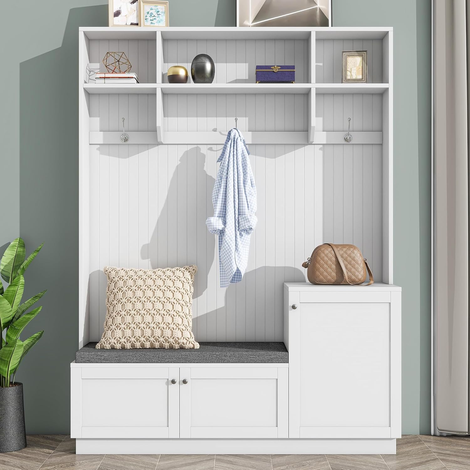 Entryway Hall Tree with Cushion Bench, Shoe Storage Cabinets, 3 Shelves and Hooks, 4-in-1 Elegant Design Coat Rack for Hallway, White