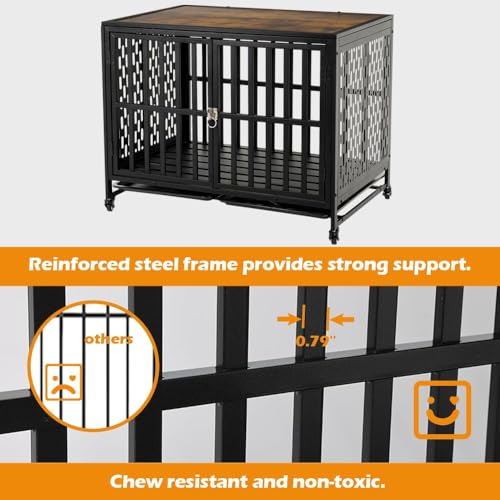 LUCKUP Heavy Duty Dog Crate Furniture for Medium and Large Dogs, Dog Kennel Indoor Dog Cage end Table, Wooden Metal Pet House with Trays, Lockable Wheels 42inch Black