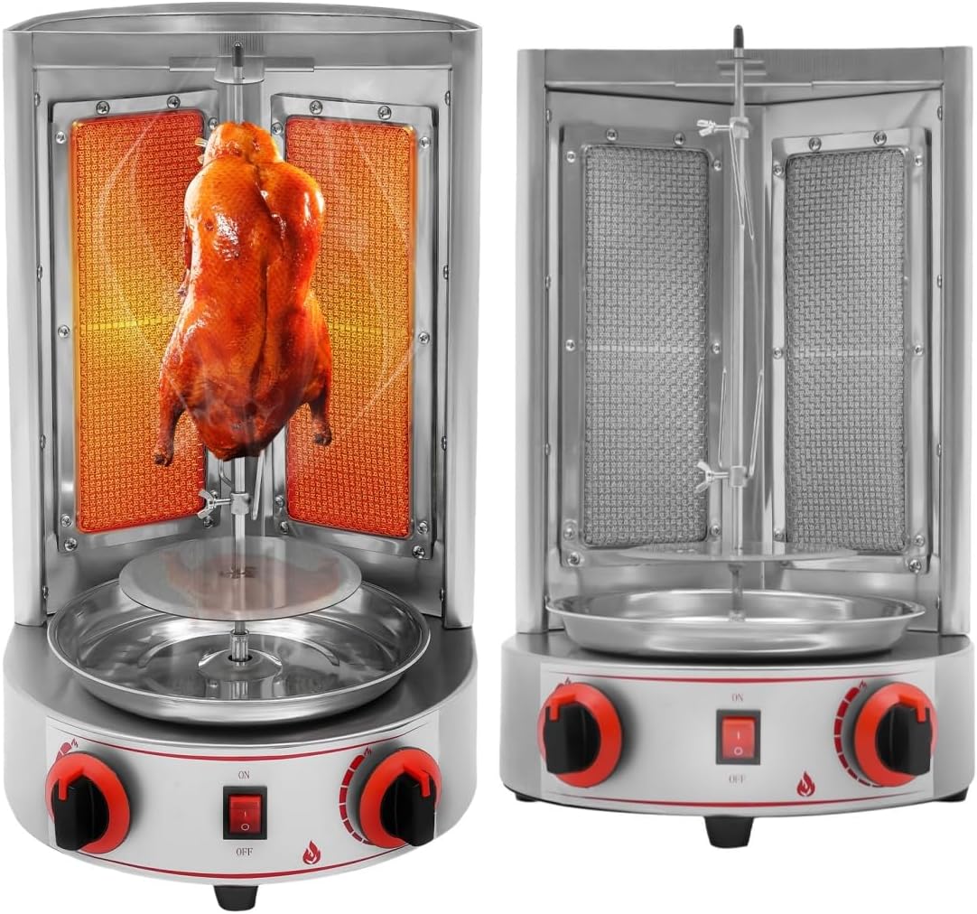 Shawarma Grill Machine 3000W Gas Vertical Broiler Gyro Rotisserie Oven Doner Kebab Machine 110V Stainless Countertop Rotisserie Grill with 2 Burners for Restaurant Home Garden