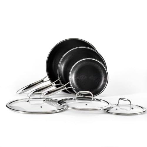 HexClad Hybrid Nonstick 6-Piece Fry Pan Set, 8, 10 and 12-Inch Frying Pans with Tempered Glass Lids, Stay-Cool Handles, Dishwasher and Oven Safe, Induction Ready, Compatible with All Cooktops
