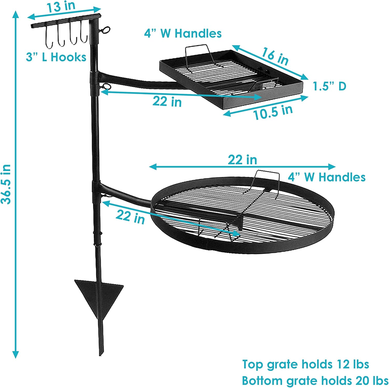 Sunnydaze Dual Campfire Steel Cooking Grill Grate Swivel System - Outdoor Adjustable Fire Pit BBQ Grilling Accessory Set with Stand - Ground Stake with 2 Swing Grates