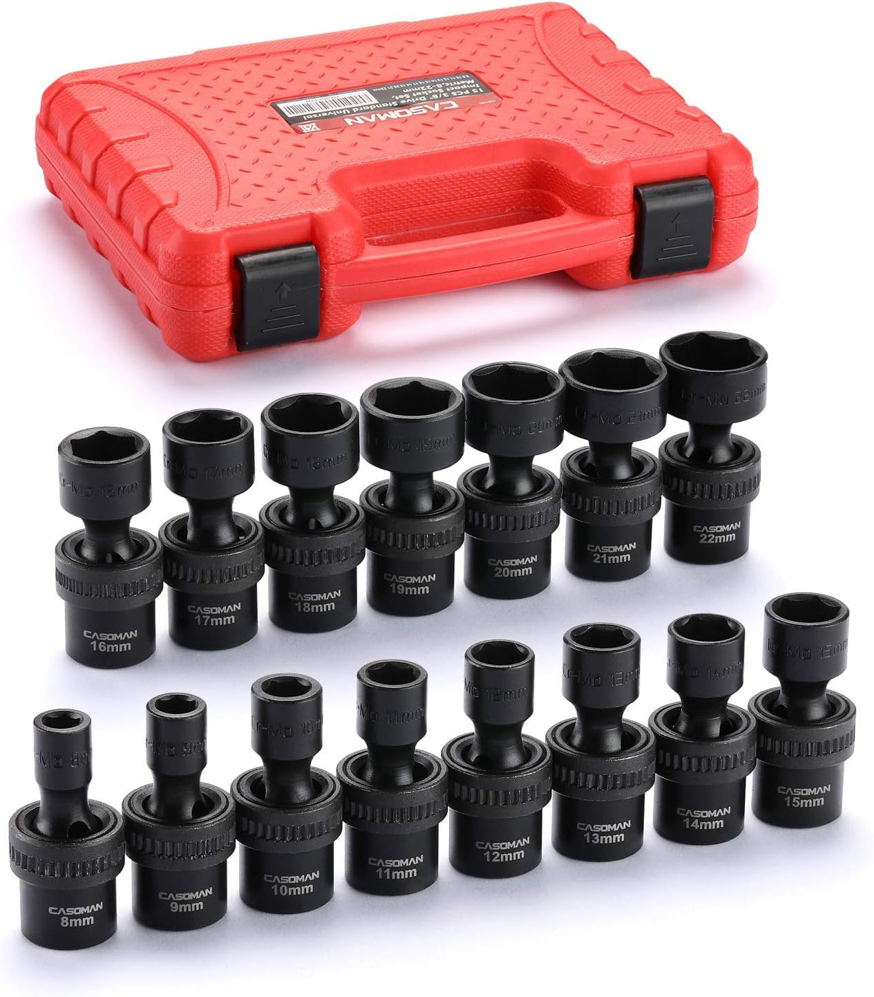 CASOMAN 15 PCS 3/8" Drive Shallow Universal Impact Socket Set, 6 Point, Metric,8-22mm