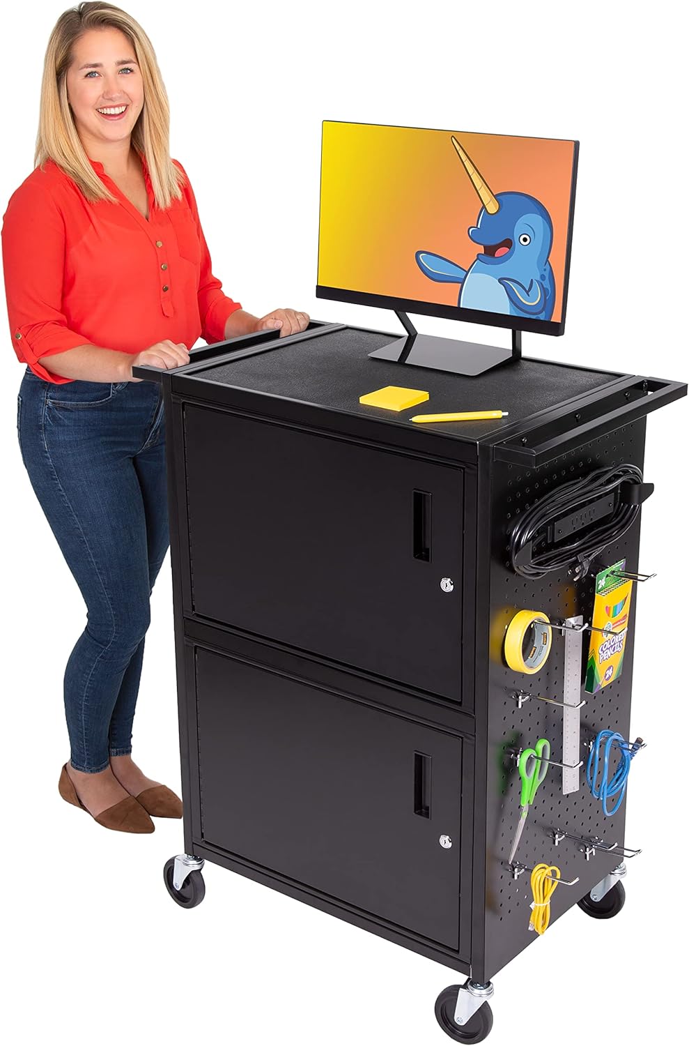Line Leader Stellar AV Cart | Computer Cart with Pegboard Siding & 12 Hooks for Customizable Storage | Locking Cabinet & Pullout Keyboard Tray | UL Safety Certified Power Outlets | Locking Wheels
