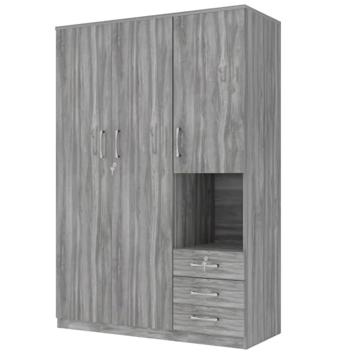 Merax Armoire Wardrobe Closet, 47.2''L*20" D*68.9" H Clothing Storage Cabinet with 6-Tier Shelves and Hanging Rod, Household Wooden Wardrobe Storage Cabinet with 3 Drawers,Grey