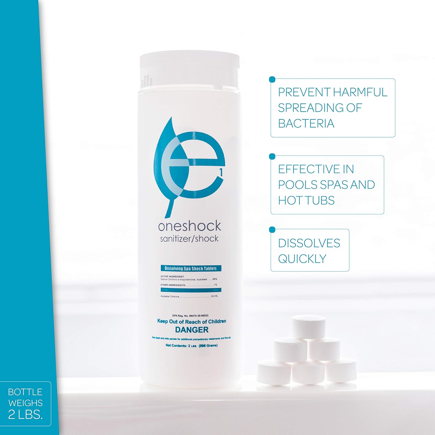 ecoone | OneShock Spa & Swimming Pool Tablets | Self-Dissolving, Pre-Measured Chlorine Shock & Sanitizer Combo | Clean, Clear & Bacteria Free Water | Swim-Safe Enzymes | Pool Maintenance | 64 Tabs Pack of 2