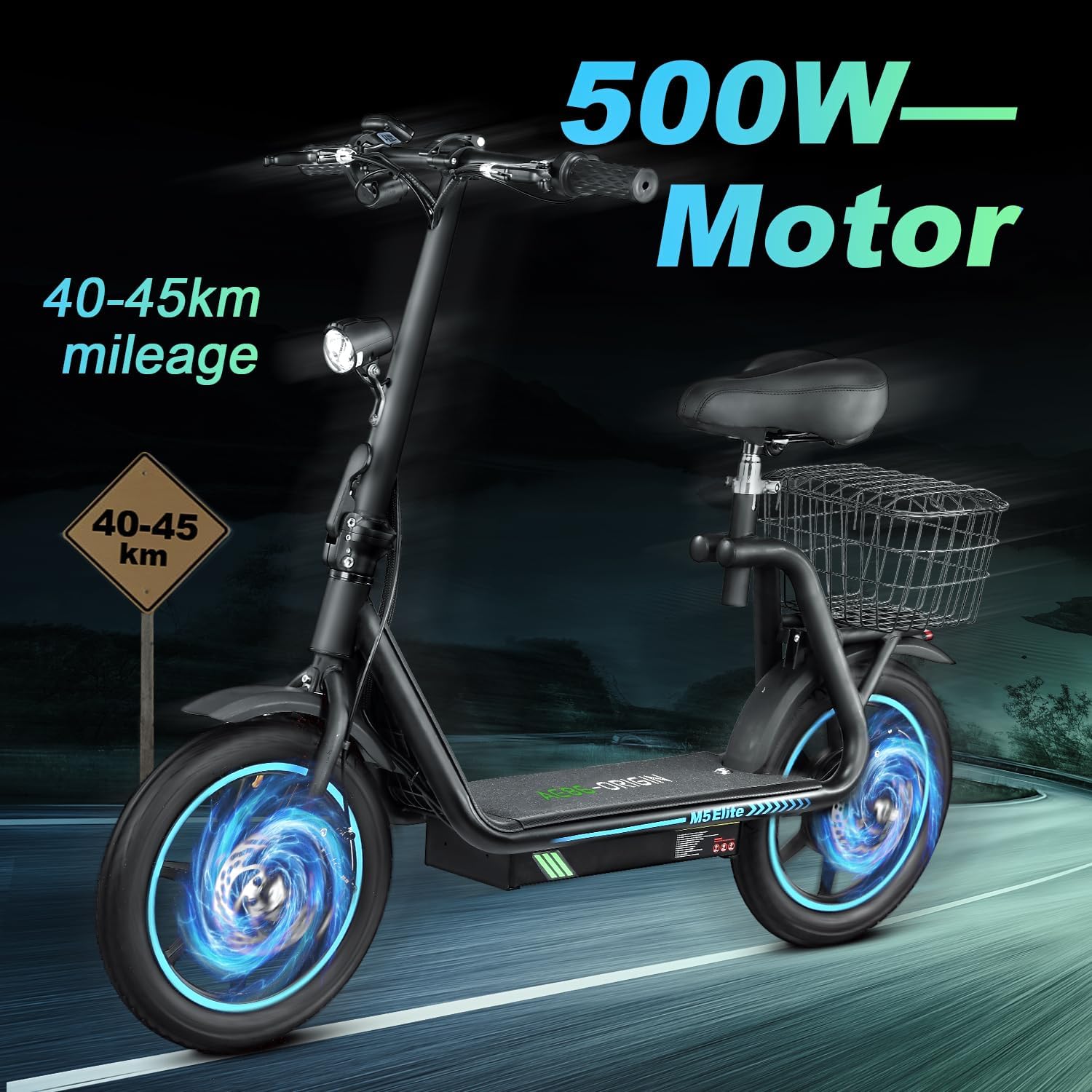 M5 Electric Scooter with Seat, 500W Powerful Motor up to 22 Miles Range, Foldable Electric Scooter for Adults 14" Pneumatic Tire, Max Speed 25Mph, Foldable Commuter Scooter with Basket