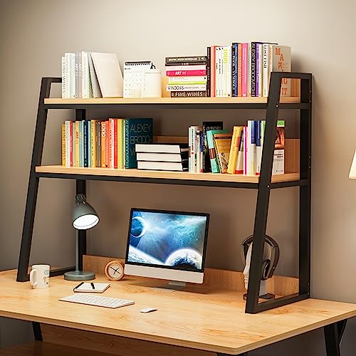 Desktop Bookshelf Desk Organizer Shelf 3-Tier Metal Structured Wood Panels Desk Hutch Bookcase Display Rack Storage for Computer Monitor for Dorm Office Home,30x13x35