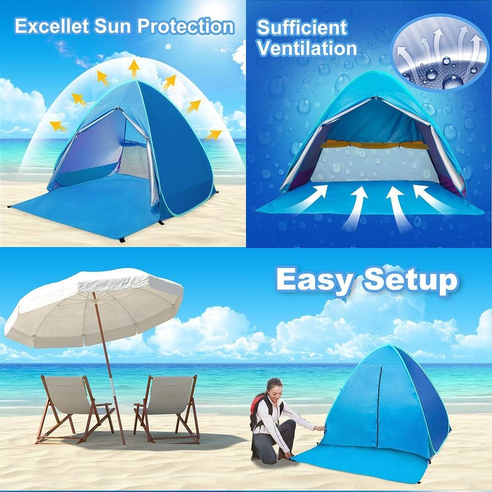 Sky Tower Pop Up Beach Tents Sun Shelter Portable Outdoors Family Baby Shade Tent Easy Setup UPF 50+ Waterproof Windproof UV Protection Canopy Cabana with Carry Bag (1-5 Person)