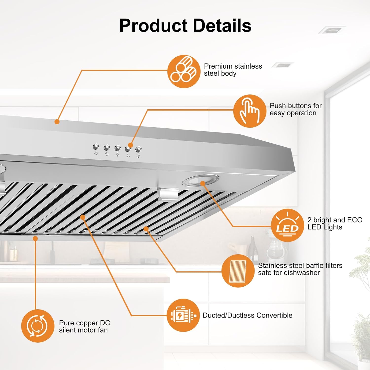 Range Hood 30 Inch Under Cabinet Range Hood,Stainless Steel Kitchen Hood,Ductless/Ducted Convertible,with Top/Rear Vent,3-speed Button control,600CFM,Baffle Filters,2 LED Lights
