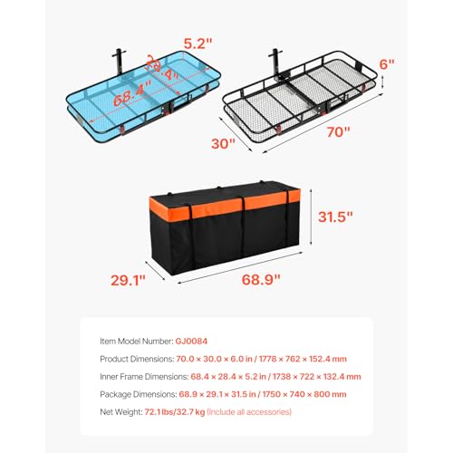 VEVOR 70" x 30" x 6", Hitch Cargo Carrier, 500 lbs Capacity with Nighttime Reflective Reminder, Folding Hitch Mount Cargo Carrier Basket with Hitch Lock for 2" Receiver, Fit for SUVs