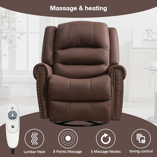 Swivel Rocker Recliner, Leather Recliner Chair with Massage & Heating Function, Manual Recliner Chair with Swivel & Rocking and Reclining, Extra Wide Recliner with Pocket and Nailhead Decor (Brown)