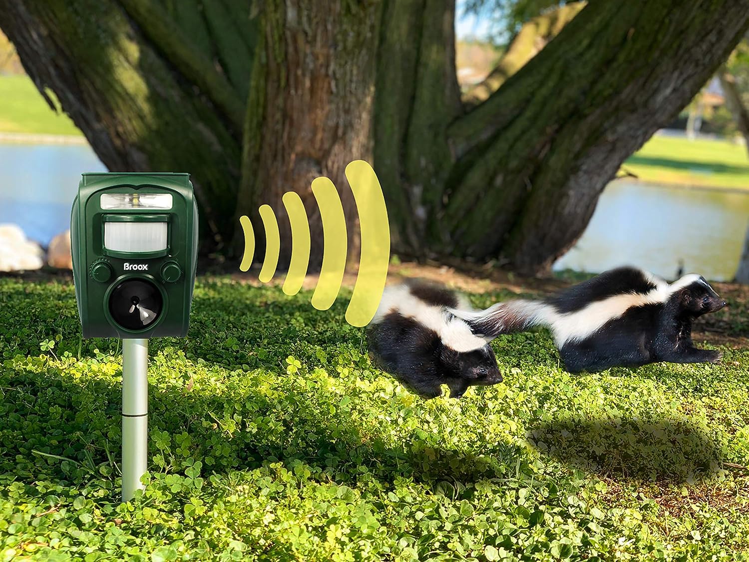 Broox Solar Animal Repeller, Ultrasonic Repellent, Motion Detection, LED Flashing Light, Dog, Cat Repellent, Squirrel, Raccoon, Skunk, Rabbit, Rodent, Fox, Deer, etc.