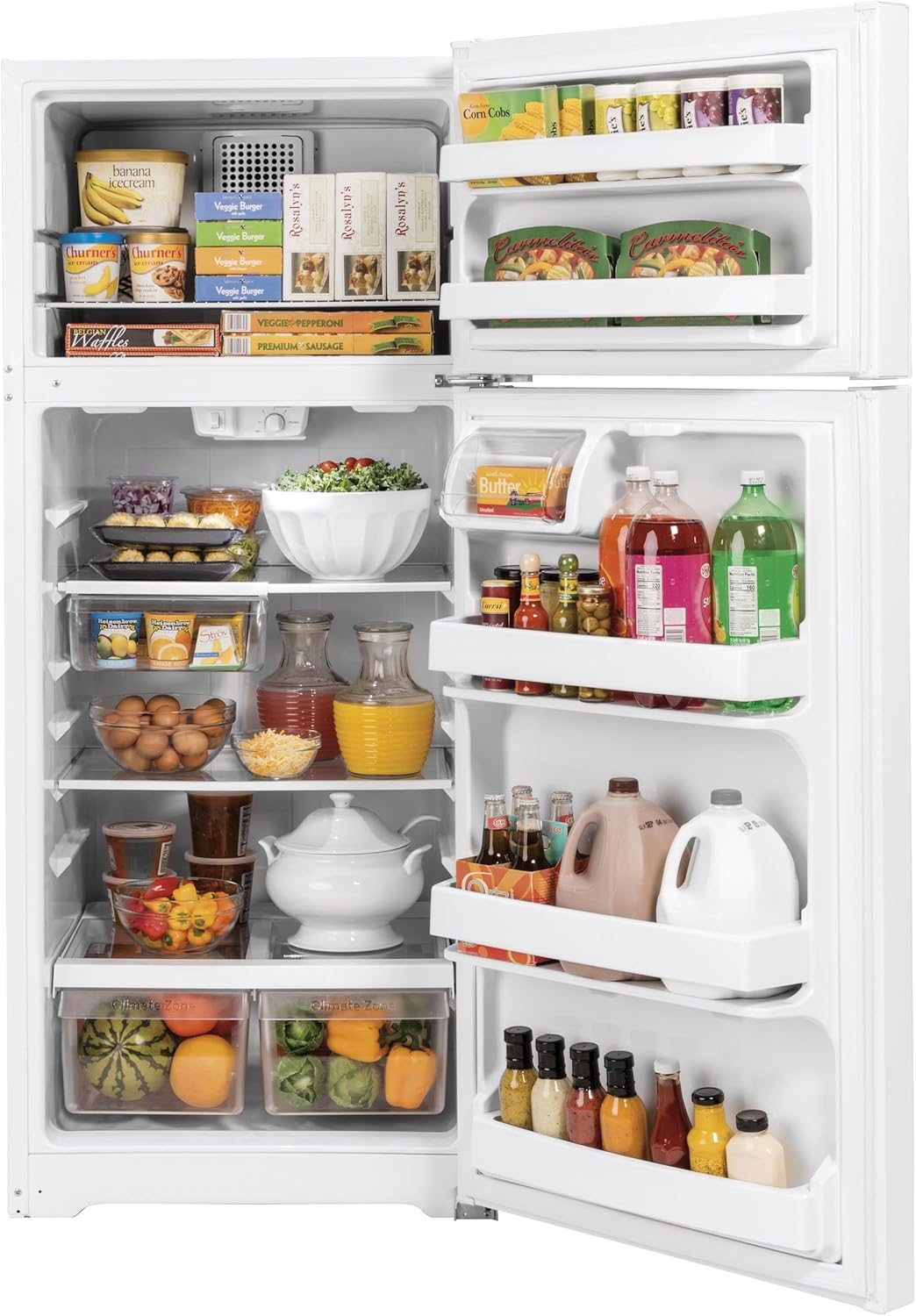 GE GTS18GTNRWW 28" Top Freezer Refrigerator with 17.52 cu. ft. Capacity LED Lighting Adjustable Glass Shelves and Upfront Temperature Controls in White