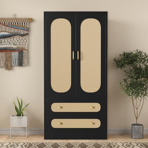 2 Door Wood Wardrobe Bedroom Closet, Rattan Wardrobe Cabinet with 2 Drawers & Hanging Rail, Freestanding Large Capacity Storage for Dormitory, Apartment, (Black)