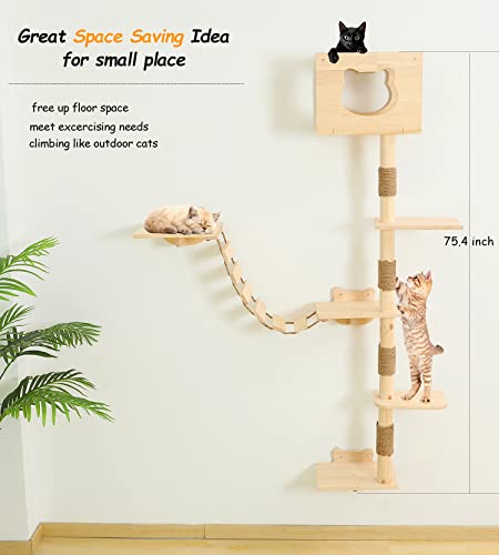 Cat Tree House with Hammock Wall Mount Cat Shelf Climbing Tall Activity Tower Solid Wood Indoor Cat Wall Furniture 75 Inch