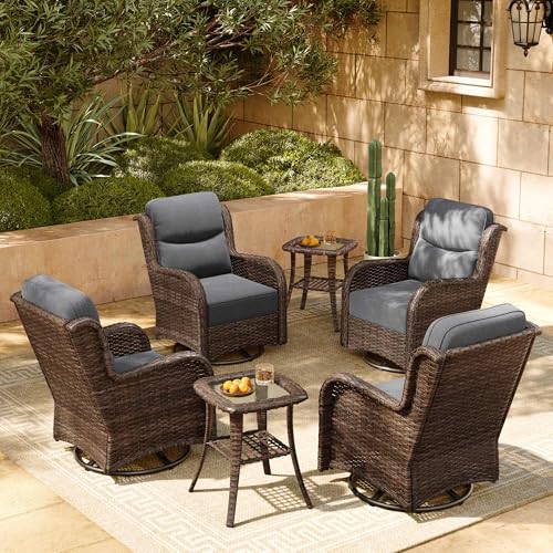 Luxury Patio Furniture Set with 6-inch Thick Cushion, Outdoor Couch and High Back Swivel Rocker Patio Chairs, 7PCS Wicker Conversation Set for Deck, Yard, and Poolside in Blue (V2)