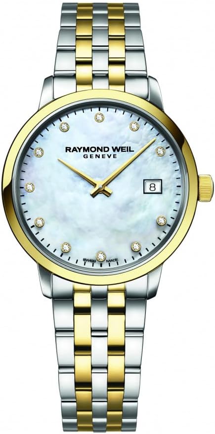 RAYMOND WEIL Toccata Ladies Watch, Quartz, Mother-of-Pearl Dial with 11 Diamonds, Stainless Steel, Two-Tone Stainless Steel with Yellow Gold PVD Plating, 29 mm (Model: 5985-STP-97081)