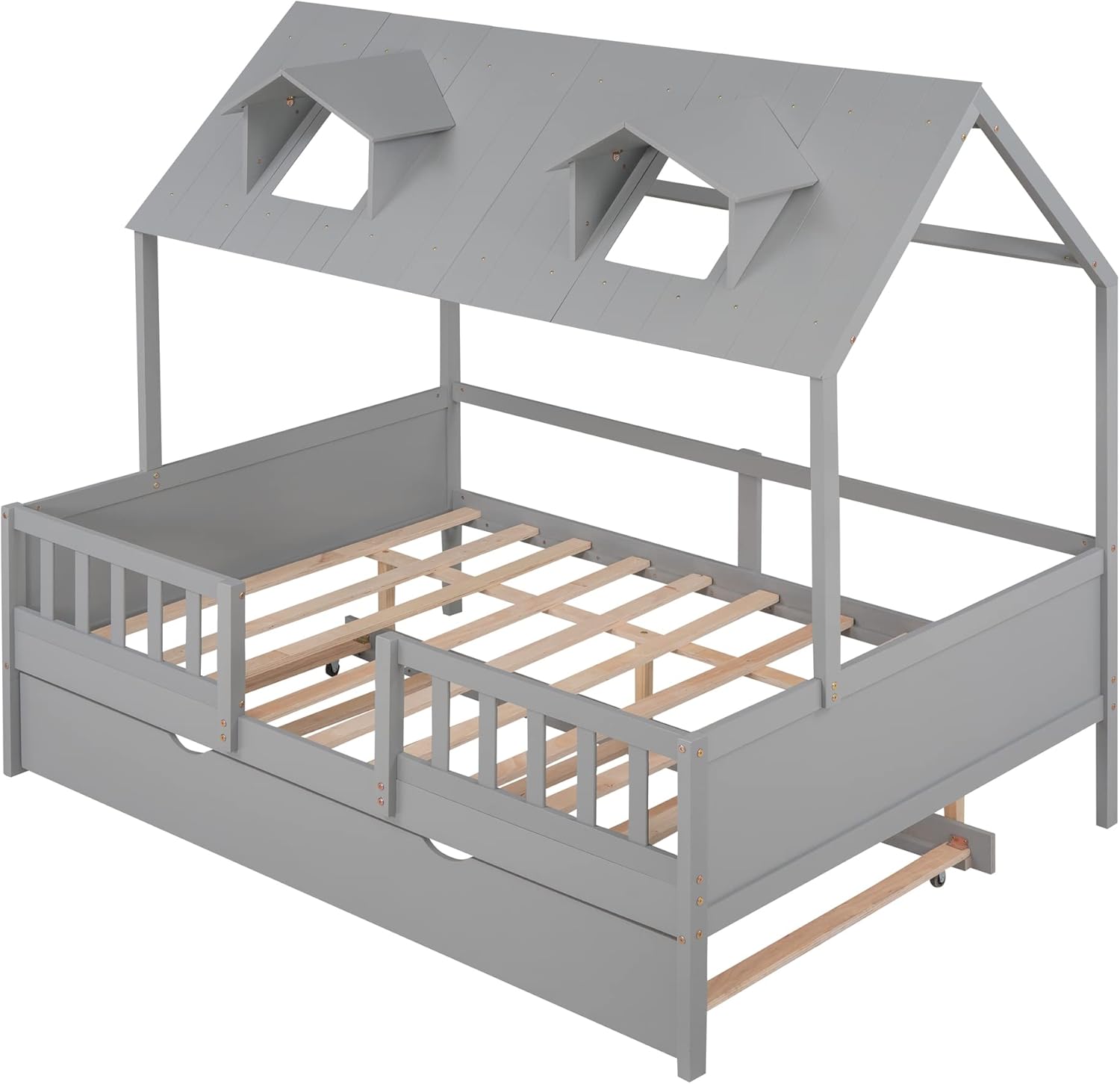 Petfu Double Bed Wood/Twin Bed, Ground Deck Bed/Cottage/Sofa Bed/Folding Roller Bed with Double Bed Castor, Double Bed Frame, with Safety Bar, for Children/Teenagers (Grey)