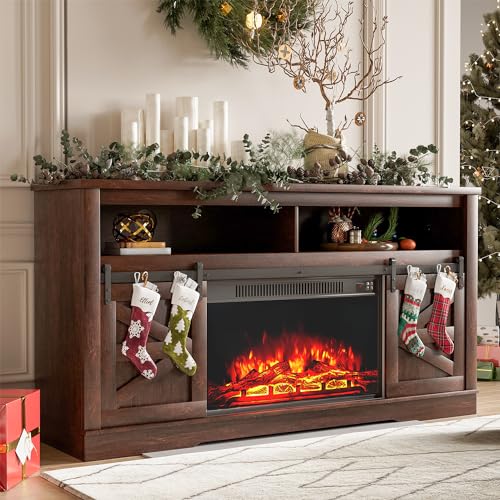 YESHOMY Farmhouse TV Stand for Televisions up to 65 Inches, Sliding Barn Doors and Storage Cabinets, Console Table and Media Furniture for Living Room, 58 Inch, Milk White