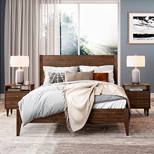 Mid Century Solid Wood Platform Bed, Queen Size, Brushed Walnut