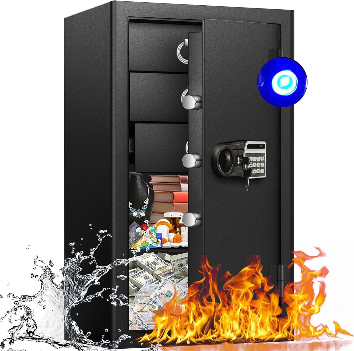 5.8 Cub Extra Large Fireproof Document Safe Box with Drawer for Home Office, Fire proof Safe with Anti-theft Smart Alert Digital Keypad and Key Lock Removable Shelf, Sensor Light