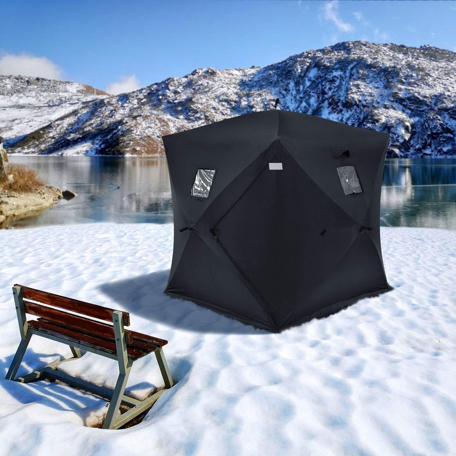 GYMAX Ice Shelter, Pop-up Waterproof Fishing Tent 2-Person Portable Ice Tent with Detachable Windows, Zippered Door & Carry Bag