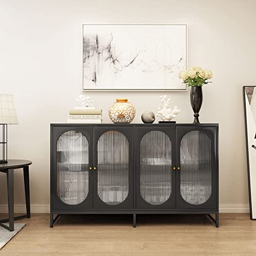 Accent Storage Cabinet, Modern Sideboard Buffet Cabinet with Glass Doors and Adjustable Shelves, Freestanding Cabinet for Living Room, Kitchen, Entryway, Dining Room (Natural)