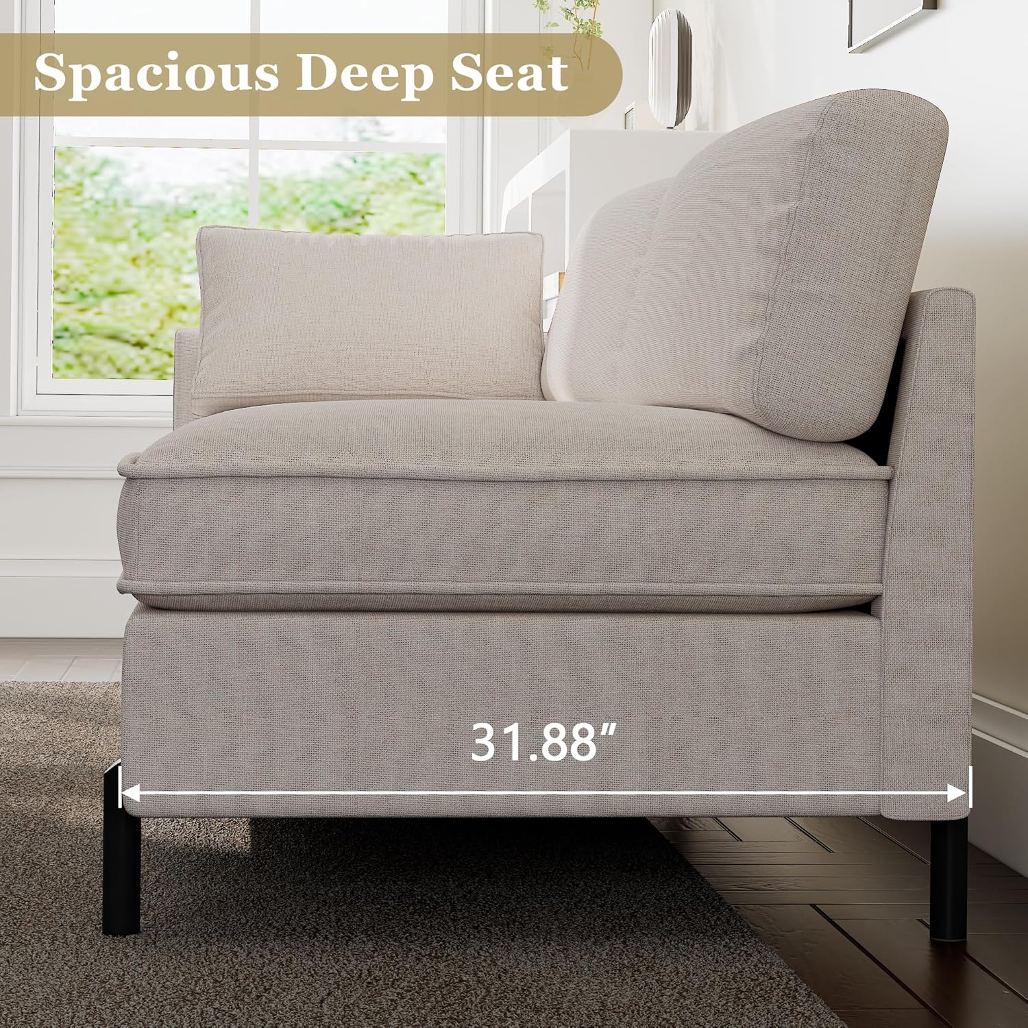 79" Comfy Sofa with 2 Pillow, Modern 3 Seater Linen Sofa Couch, Solid Wood Frame & Metal Legs, Perfect for Living Room, Bedroom, for Small Space, Sturdy & Durable, Easy Assembly, Beige