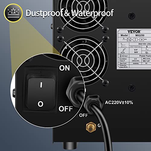 VEVOR 250Amp MIG Welder, Welding Machine 3 in 1, 220V Flux Core/Gas/Solid Wire Welding Machine w/IGBT Inverter & Torch, Digital MIG/Lift TIG/Stick Multiprocess Welder