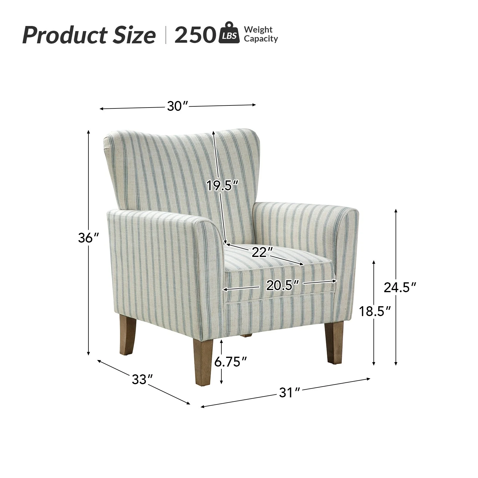 HULALA HOME Warren Farmhouse Striped Wingback Chair with Solid Wood Legs Set of 2 by  BLUE