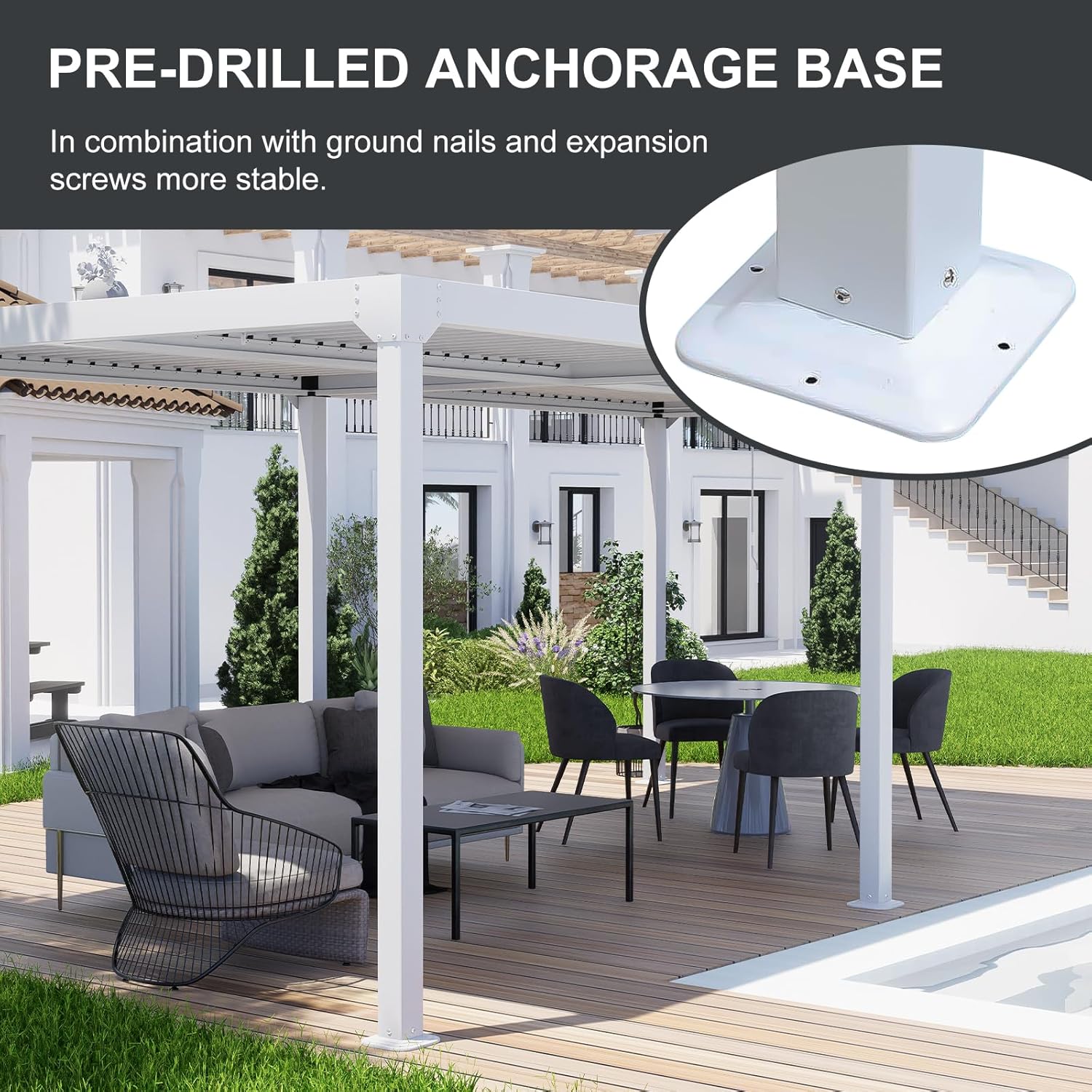 Aoodor Patio 20 x 10 FT Louvered Aluminum Pergola, Outdoor Gazebo with Adustable Hardtop, for Lawn and Garden - White