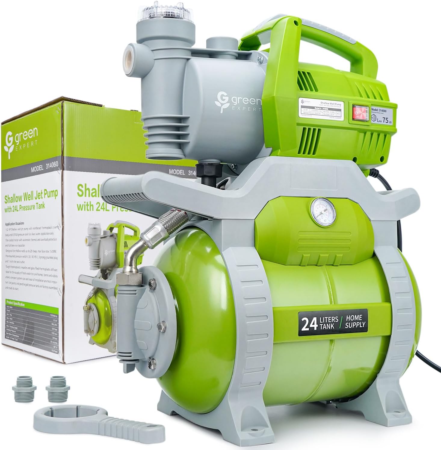 Green Expert 1/2HP Shallow Well Pump Max Head 125FT Unique Filter Design Water Storage Tank Pre-Set 20/45psi Pressure Switch Automatic Booster System for Household Pressurization Garden Irrigation