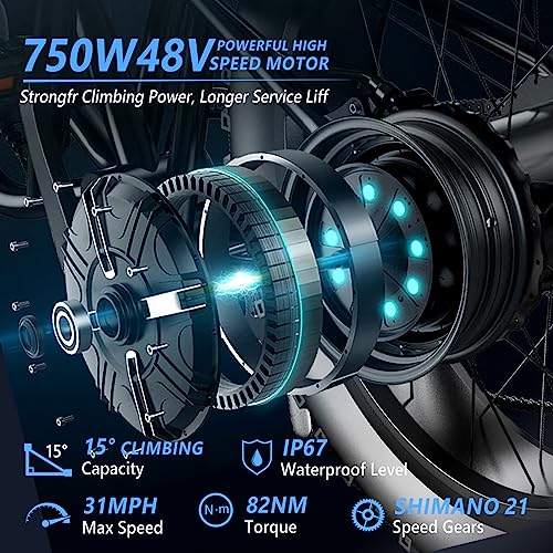 PEXMOR Electric Bike for Adults, 750W(Peak 1000W) 30MPH | Full Suspension Mountain Ebike, 60+ Miles 48V 12AH Removable Battery, 26 Fat Tire Foldable Commuter Electric Bicycle 21 Speed, UL2849