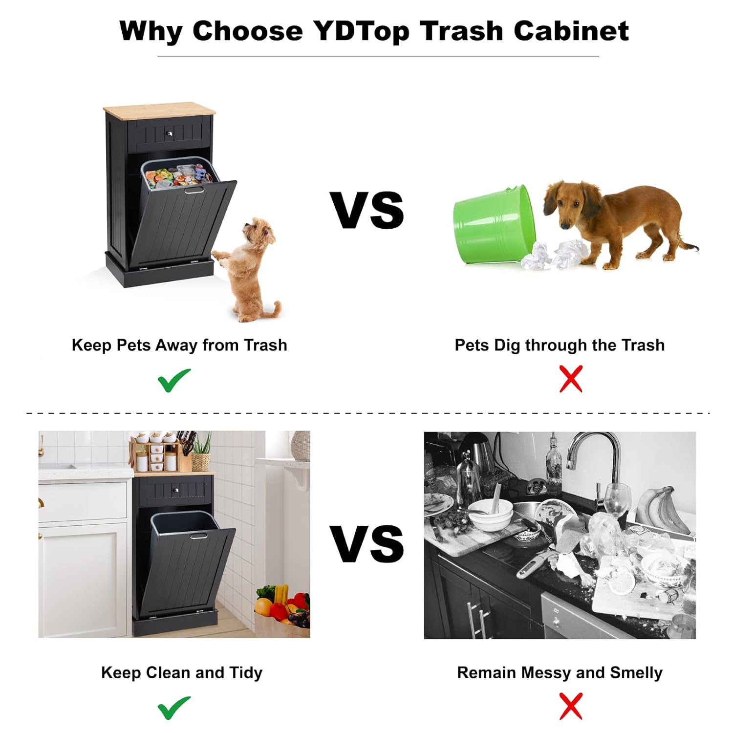 Tilt Out Trash Can Cabinet 10 Gallon, Kitchen Freestanding Wood Recycling Trash Cabinet with Drawer & Cutting Board, Pet Proof Hidden Garbage Bin Holder for Home Laundry Bathroom, Black
