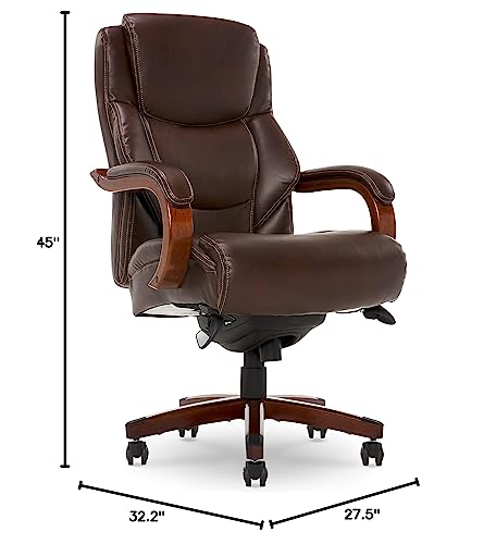 La-Z-Boy Delano Big & Tall Executive Office Chair, High Back Ergonomic Lumbar Support, Bonded Leather, Black with Weathered Gray Wood