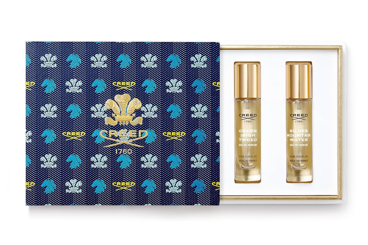 Creed Men's Holiday Gift Coffret Set, Features 3 Signature Cologne Scents of Aventus, Green Irish Tweed, & Silver Mountain Water, 3 x 10ml