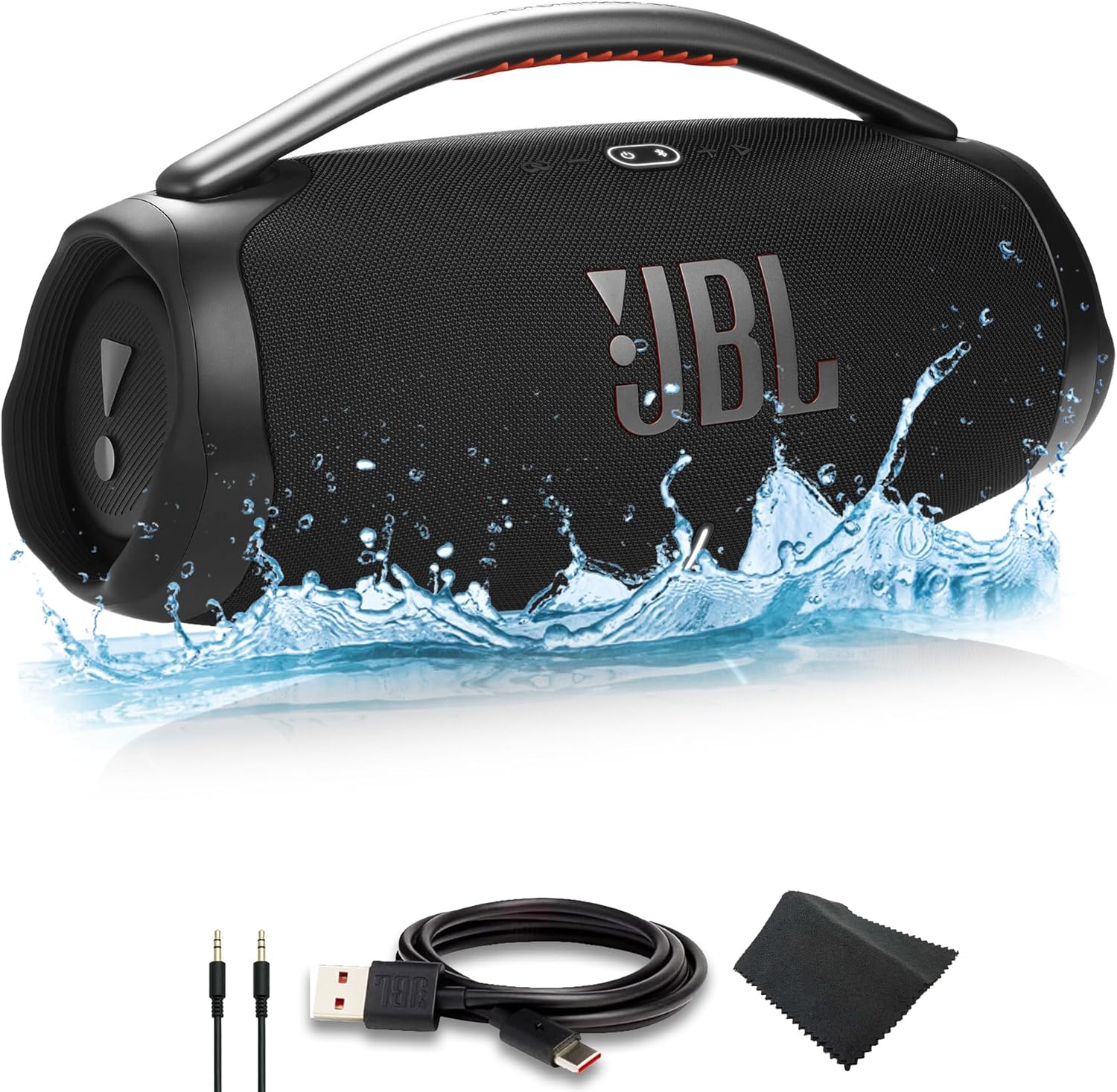 JBL Boombox 3 - Portable Bluetooth Speaker, IPX7 Waterproof, 24 Hours of Playtime (Black) (JBLBOOMBOX3BLKAM) + AUX Cable + USB-C Cable + Microfiber Cloth