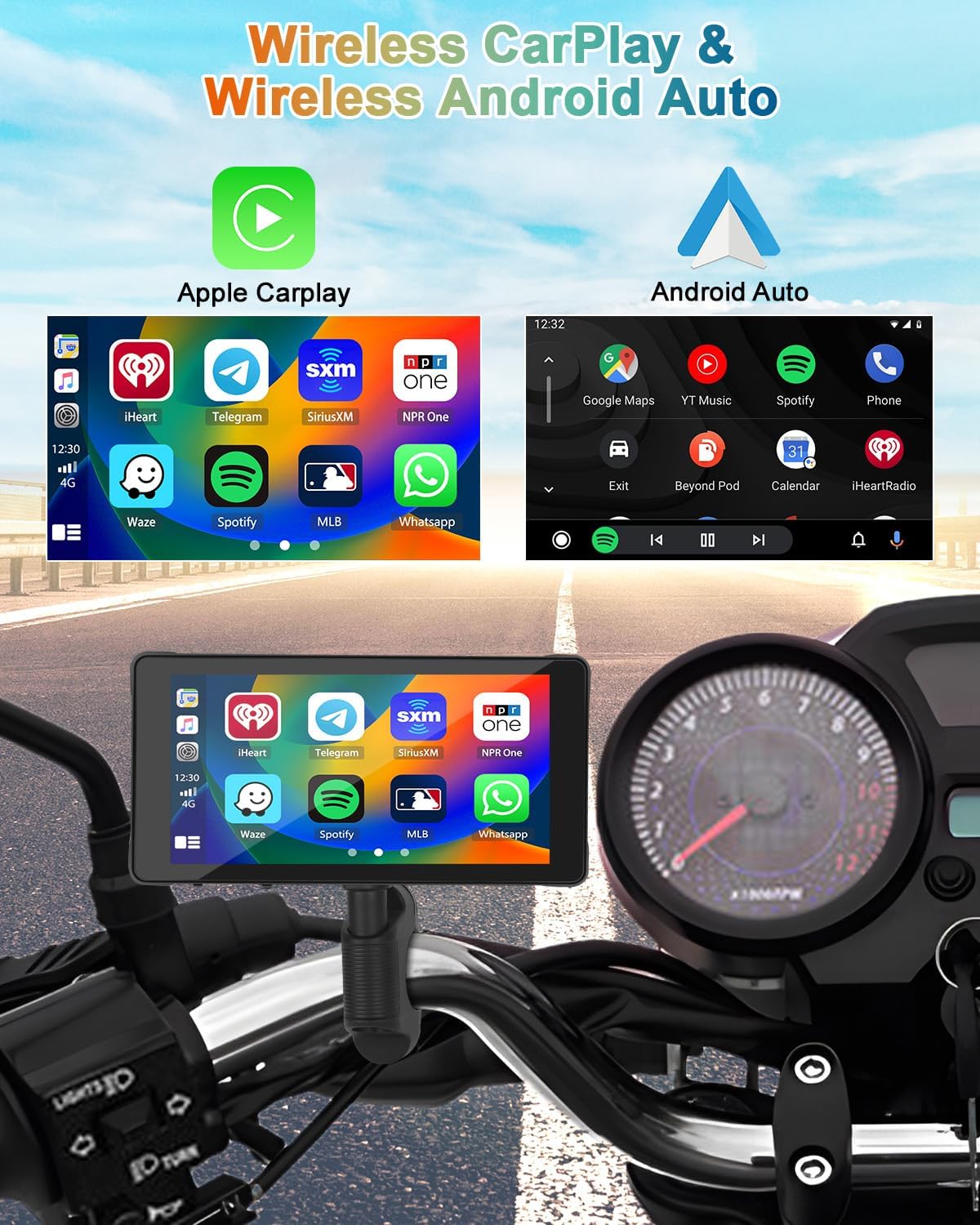 5.5'' Portable Apple Car Play Screen for Motorcycle, Wireless Apple CarPlay & Android Auto for Motorbike, Motorcycle Carplay GPS Navigation, Dual Bluetooth, WiFi Online Video