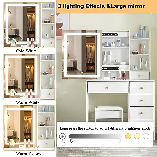 Makeup Vanity with Lights, Makeup Vanity with Sliding Mirror and LED Lights, Vanity Table Set with 5 Drawers and Stool,Shelves,Bedroom Vanity Mirror with Lights Desk and Chair,White