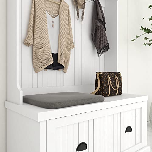 BNSPLY Hall Tree with Bench and Shoe Storage, 3 in 1 Entryway Bench with Coat Rack, Mudroom Bench with 4 Double Hooks, Entryway Furniture for Hallway (White, 40" L x 18.5" W x 64.6" H)