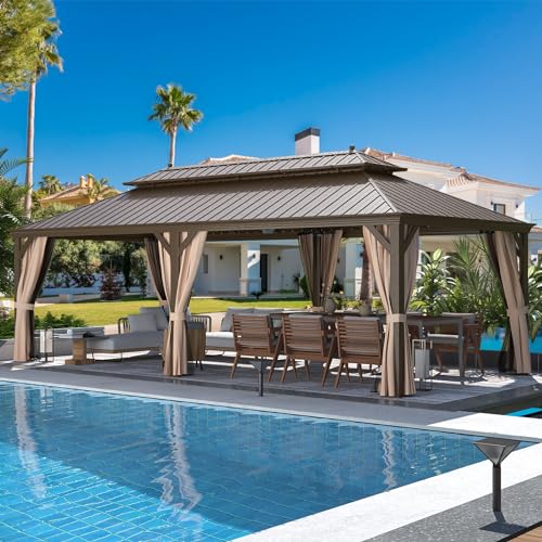 MELLCOM 12'x16' Hardtop Gazebo, Galvanized Steel Metal Double Roof Canopy with Curtains and Netting, Brown Permanent Pavilion Gazebos with Aluminum Frame for Garden, Patio, Lawns, Deck