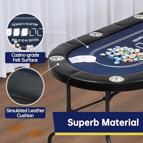 Foldable Poker Table-8 Player Texas Hold'em Table, No Assembly Needed, Equipped with Cup Holders, Perfect for Homes, Parties, Game Rooms, Stylish Blue Design