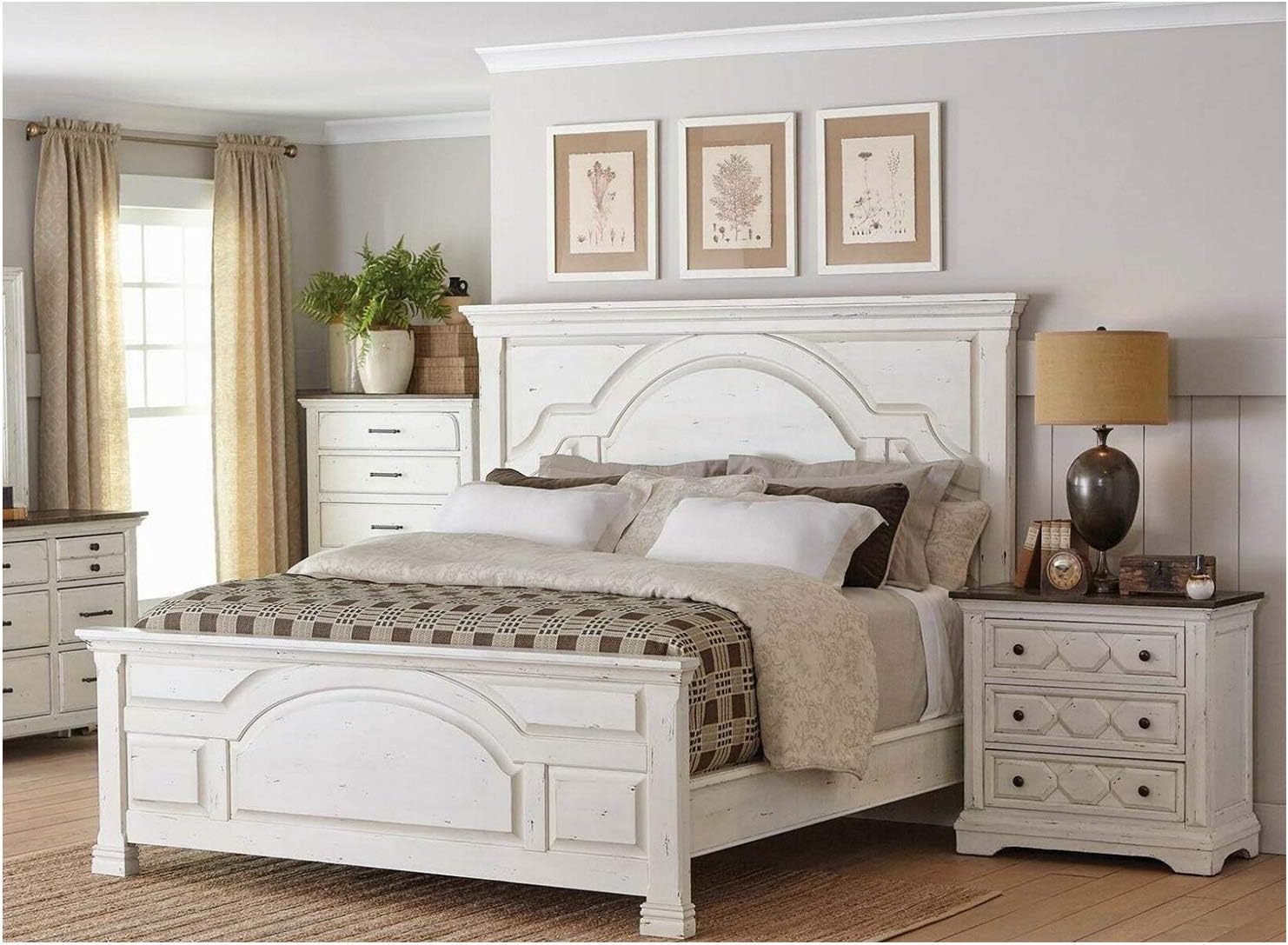 1 Piece Vintage White Style Rustic Farmhouse King Size Bed Bedroom Bedding Furniture Pine Wood Hardwood 85.75" W x 86.75" D x 70" H of Set