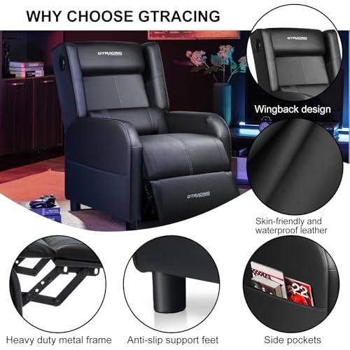 GTRACING Gaming Recliner Chair with Bluetooth Speakers Racing Style Single Gaming Sofa Modern Living Room Recliners Ergonomic Comfortable Massage Home Theater Seating, Black