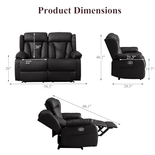 58.3" RV Loveseat Recliner Sofa - Home Theater Seating with Side Pockets for Living Room, Manual Double RV Recliners for Travel Trailers (Brown, Loveseat)