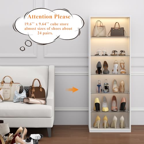 Rotating Shoe Rack with Sensor Light, Spinning Shoe Rack Tower with Glass Shelves, 360°Revolving Shoe Storage Organizer Lazy Susan Shoe for Entryway, Hallway, Living Room (White)