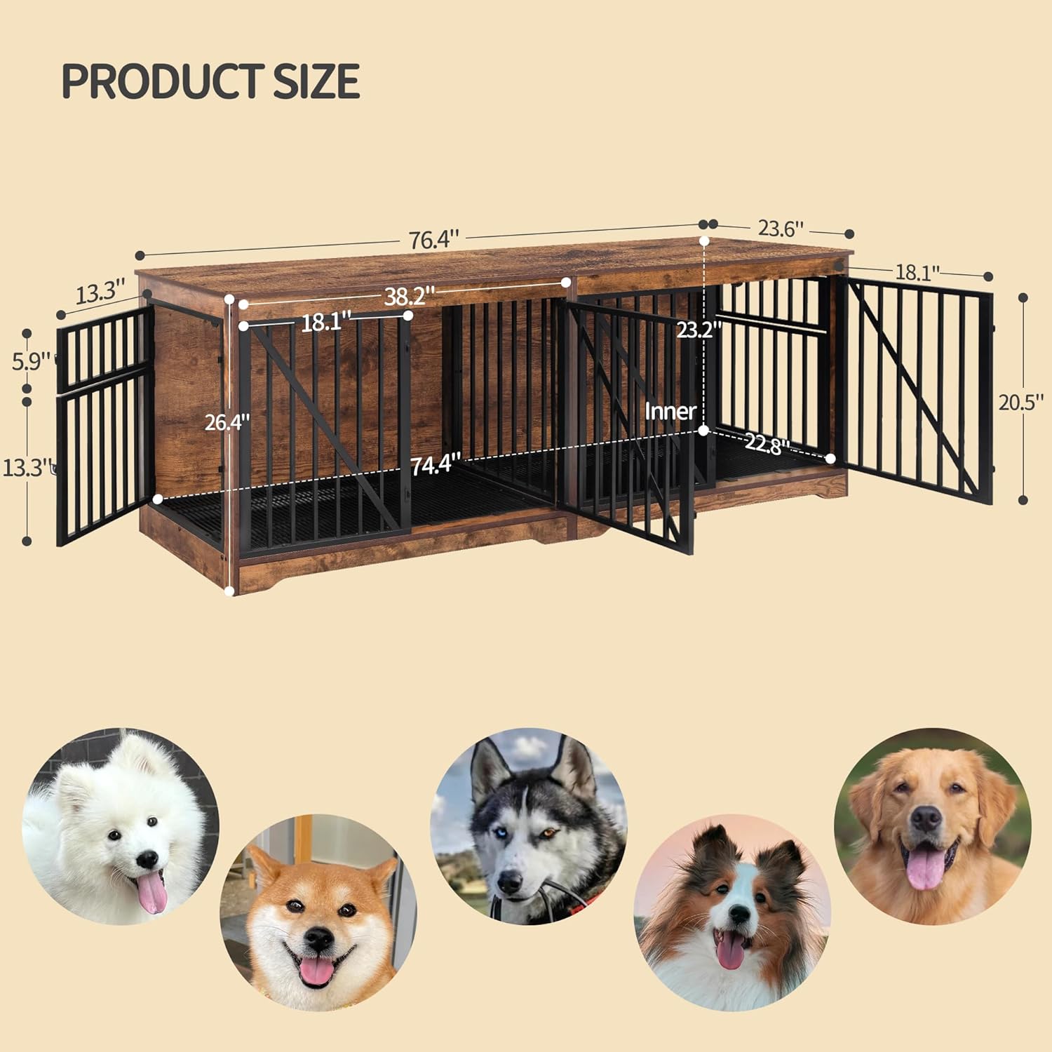 76.4" Dog Crate Furniture with Divider for 2 Dogs, Large Dog Kennel Indoor with Adjustable Door, Tray, Wood Dog Crate End Side Table for Small Medium Large Dog, Anti-Chew Anti-Escape, Brown